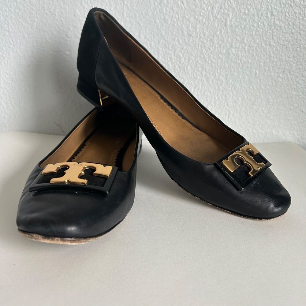 Tory Burch Womens Block Heel Pumps Black Leather Suede Gold Logo Square Toe Sz 1